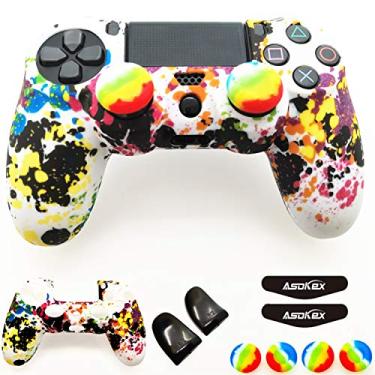 Imagem de Capa de silicone para controle Ps4 (1 capa antiderrapante, 1 par extensor de gatilho L2 R2, 4 peças de apoio para polegar, 4 peças de protetor de barra de luz de LED para controle DualShock PS4/Slim/Pro, graffiti