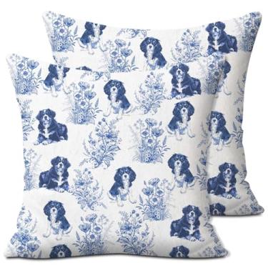 Imagem de Pacote com 2 capas de travesseiro Cavalier King Charles Spaniel azul French Toile presentes para mulheres, fronhas azuis para donos de cães, sofá, cama, sala de estar, decoração de casa, 46 x 45 cm