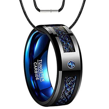 Imagem de QUEENWISH Aliança de casamento de tungstênio celta de dois tons de 8 mm com cordão de colar de couro, pedra preciosa de zircão criada e incrustação de fibra de carbono azul masculina e feminina