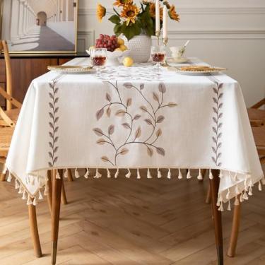Imagem de KAIJIE Toalha de mesa retangular texturizada estilo rural toalha de mesa de algodão e linho bordado com decorações de borla para casa 100 x 160 cm