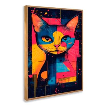 Imagem de Quadro Decorativo Gato Geométrico Colorido Com Moldura Arte Pop Pet Ilustração Moderna Colorida Olhar Estilizado Criativo Formas Abstratas