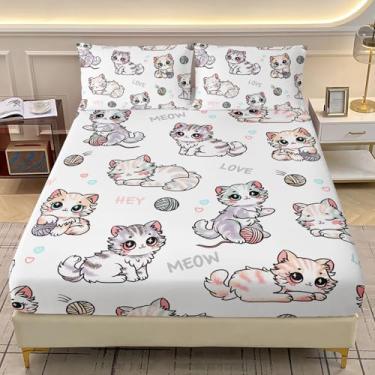Imagem de AILONEN Jogo de lençol infantil solteiro com estampa de gato fofo, estampa de gato kawaii, temática de microfibra para decoração de quarto, 1 lençol com elástico e 2 fronhas, 3 peças