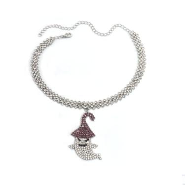 Imagem de Kokoma Colar feminino com pingente de abóbora de Halloween, zircônia, strass, fantasma, chapéu de bruxa, gargantilha, corrente, moda, férias, Halloween, acessório de bijuteria, Choker, Metal, Sem