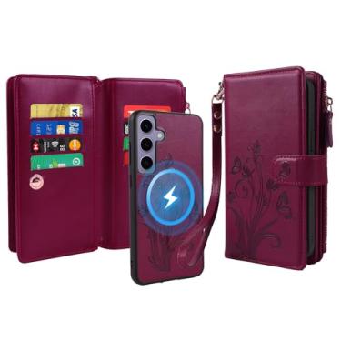 Imagem de Lacass Capa carteira para Samsung Galaxy S24 FE S24FE, compatível com MagSafe 2 em 1 de couro sintético destacável magnético com bloqueio de RFID, suporte para cartão, fecho de zíper, cordão de pulso