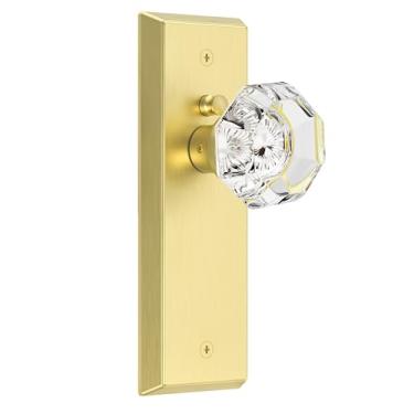 Imagem de Maçanetas de vidro para portas interiores - Maçaneta de porta de quarto e banheiro com privacidade de cristal vintage com trava - Maçaneta de porta cortada em diamante - Acabamento dourado escovado (1