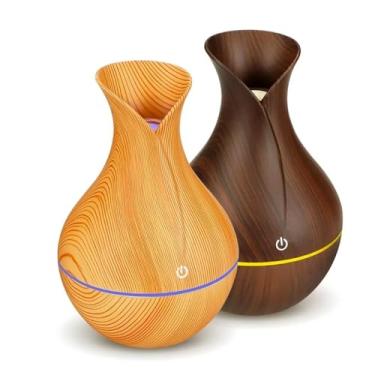Imagem de Umidificador de Ar Vaso de Flor Madeira 130ml Luz LED, USB, Aromatizador Portátil 3W Silencioso