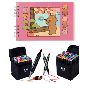 Imagem de Livro Colorir com Canetinhas Kit Livro De Pintura Rosa + 48 Canetas Ponta Dupla Marcadora Canetinhas para Colorir Capa Dura Holográfica com Acetato 50 desenhos A5