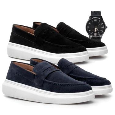 Imagem de Kit 2 Mocassim Masculino Sola Alta Macio Loafer Derby em Camurça Costu