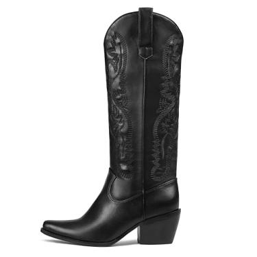 Imagem de Erocalli Botas de cano alto femininas cowgirl caubói ocidental outono grosso bloco alto alto longo moda bota zíper lateral, 1 preto, 38
