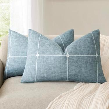 Imagem de Foindtower Pacote com 2 fronhas decorativas de linho falso jacquard xadrez capa de almofada lombar com grade texturizada para decoração de casa de sofá, sala de estar, 12 × 20 polegadas, azul claro