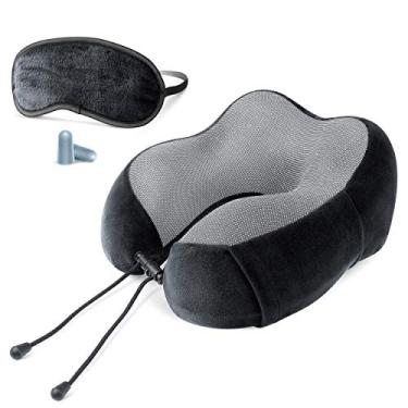 Imagem de Cloudz Tech almofada de pescoço de viagem de espuma viscoelástica com máscara blecaute para dormir e protetores de ouvido – Preto