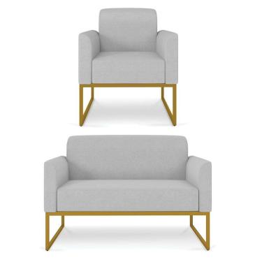 Imagem de Kit Namoradeira e 1 Poltrona Decorativa Base Industrial Dourada Maressa A05 Linho Cinza Claro - Ibiza