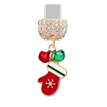 Imagem de ELISE & FONDA TP937 Tipo-C porta de carregamento cristal antipoeira pequena luva de Natal com pingente de celular sinos para iPhone 15/16/Samsung/OnePlus/Xiaomi/oppo telefones Android (vermelho)