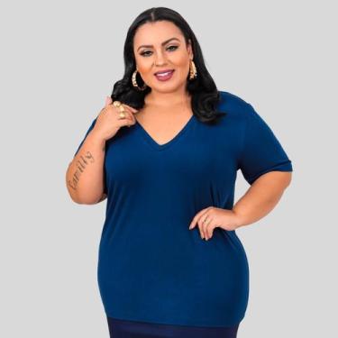 Imagem de Blusa Manga Curta Decote V Plus Size - Mayara Manzano, Azul, G2