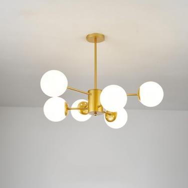 Imagem de Lustre de vidro leitoso moderno de meados do século, semi-embutido, Sputnik, luz de teto, dourado, preto, estilo fazenda, rústico, pendente, para sala de estar, quarto, mesa de jantar, ilha