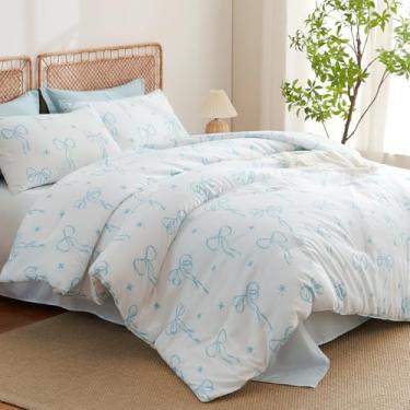 Imagem de Bildenly Conjunto de edredom queen branco - azul - conjunto de edredom com laço azul, conjunto de cama de 3 peças, edredom leve e macio (221 cm x 234 cm) para meninas de todas as estações e 2 fronhas