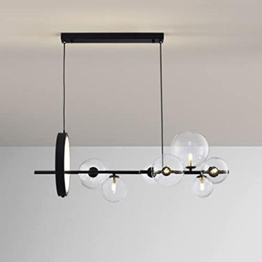 Imagem de Lustre moderno de globo de vidro preto com 7 luzes para sala de jantar, grande luminária pendente linear com design molecular de feijão mágico, iluminação de ilha de cozinha de fazenda