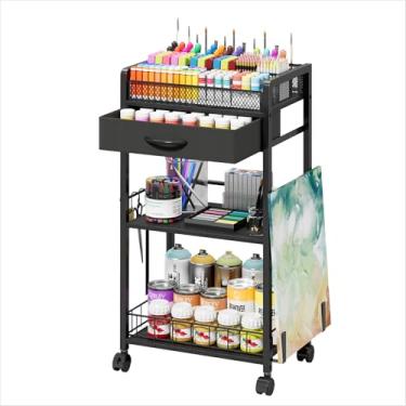 Imagem de Homsorout Carrinho de rodinhas de 3 níveis – Carrinho utilitário de metal com gaveta de armazenamento e rodas, organizador versátil de arte e artesanato para casa, escritório ou estúdio, ideal para