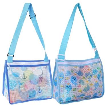 Imagem de Pacote com 2 sacos de malha de concha com zíper, bolsa de concha para brinquedos de areia, bolsa de malha para brinquedos, itens essenciais de praia para crianças, Baleia azul claro + golfinho azul