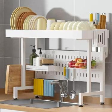 Imagem de AKALNNB 2 camadas de largura ajustável com armário escorredor de pratos ajustável grande com suporte de utensílios, organizador de escorredor de pratos de cozinha (branco 4965 cm) (preto 5583 cm)