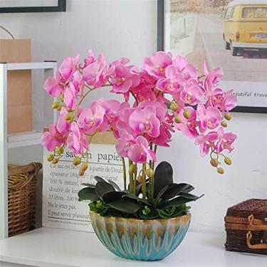 Imagem de DCYEQRQ Flor artificial grande Phalaenopsis Arranjo de plantas artificiais orquídeas de seda sintética decoração com vaso de cerâmica, decoração requintada para casa e escritório