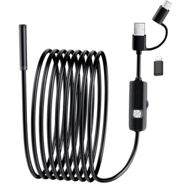 Imagem de Endoscópio HD de iluminação de lente dupla 1920p, luz LED ajustável 8+1, fio redondo à prova d'água IP67 de 3 m. Disponível para smartphones Android e iOS, iPhone, iPad, Samsung (3FT/1M)