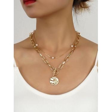Imagem de Colar dourado com pingente de camada dupla, colar de pérolas, pingente circular redondo, ondulado, corrente grossa, presente de festa de aniversário