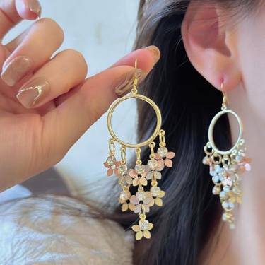 Imagem de Brincos elegantes elegantes de lantejoulas de flores de zircônia cúbica empilhadas com borla para mulheres, festas, uso diário, casamento, noivado, dia dos namorados, dia das mães, joias para