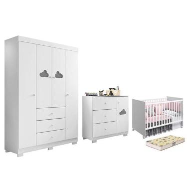 Imagem de Dormitório Infantil Ane Guarda Roupa, Cômoda E Berço Mel Branco Com Colchão Supreme - Phoenix Baby Branco