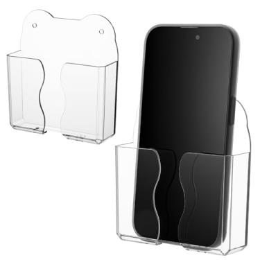 Imagem de Xinjoduz 2 peças de suporte de telefone montado na parede, suporte autoadesivo de plástico transparente para celular de cabeceira com orifício de carregamento, organizador de acrílico para smartphone