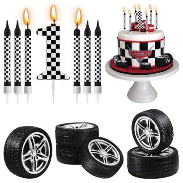 Imagem de 13 velas de aniversário temáticas de carros de corrida, velas de bolo de aniversário quadriculadas pretas e brancas, numeral, 1 vela, pneu de roda para corrida, carro, festa, tema de decoração de