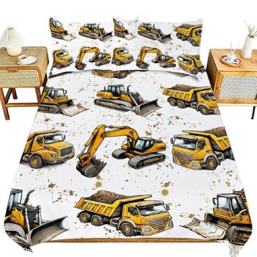 Imagem de Conjunto de edredom com tema de veículo de engenharia, escavadeira, decoração de escavadeira, solteiro, casal, tamanho king, caminhonete basculante, capa de edredom com 2 fronhas para crianças