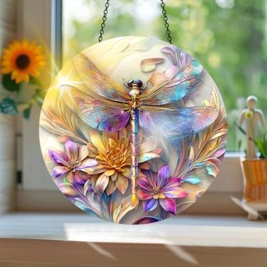 Imagem de Acrílico colorido Suncatcher, apanhador de sol estilo vitral impresso libélula com reflexos de arco-íris, decoração de janela suspensa, decoração de parede, ornamentos de Natal para uso interno e