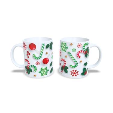 Imagem de Caneca de Cerâmica Natalina, Branca, 325ml, com Decoração de Bolas de Natal em Vermelho, Azul e Verde, Design Festivo com Laços (18)