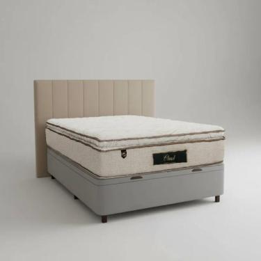 Imagem de Cama Box Baú Casal Suede + Colchão Cloud Pillow Top Molas Ensacadas Luckspuma 138x188x74 Cor:cinza