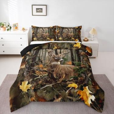 Imagem de jejeloiu Jogo de cama queen com estampa de veado, casa de fazenda, animais selvagens, para crianças, meninos, meninas, cabana campestre campestre para decoração de quarto, microfibra, 3 peças com 2