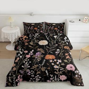 Imagem de Erosebridal Conjunto de cama solteiro com flores silvestres rosa e preto, flores silvestres, flores silvestres, vintage, botânico, floral, coleções