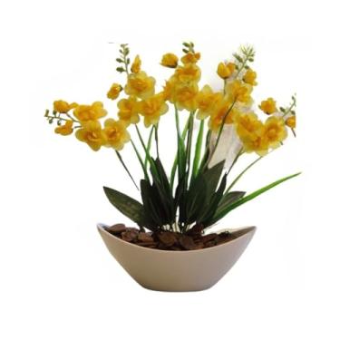 Imagem de Arranjo de Orquídea Artificial Phalaenopsis com Vaso Côncavo Branco e Casca Polida - Decoração Sofisticada para Ambientes Internos(Amarelo1)