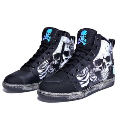 Imagem de GXZUORUI Tênis gótico de lona de cano alto, preto, design com estampa de caveira, sapatos de motocicleta, botas casuais de caminhada com sola de borracha (preto, adulto, masculino, 11, numérico