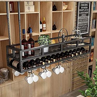 Imagem de APUM Rack de vinho de teto de metal vintage industrial, altura ajustável, suporte de taças de cálice, suporte de garrafa de vinho, para restaurantes/bares/casa (120 cm)