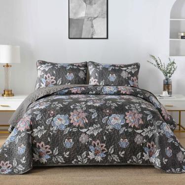 Imagem de Conjunto de edredões WONGS BEDDING Floral King Size em microfibra cinz