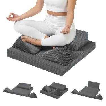 Imagem de PRIMEPATIO Almofada de meditação grande, almofadas de meditação para sentar no chão, almofadas laváveis para ioga Zabuton, conjunto grande de Zafu com 2 suportes de joelho, 3 formas para sentar