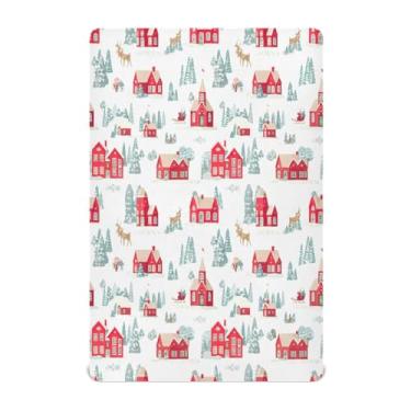 Imagem de Qilmy Lençóis de berço de inverno Snowfield Houses de Natal, de microfibra macia, respirável, elástico, lençol com elástico para meninos e meninas, miniberço, 132 x 71 cm, capa de colchão infantil