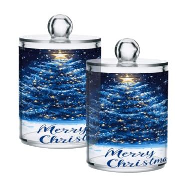 Imagem de Qilmy Conjunto com 2 suportes para árvore de Natal com neve azul, frascos de boticário de 400 ml, vasilha organizadora de banheiro para cotonetes, bolas de algodão, almofadas de maquiagem, fio dental