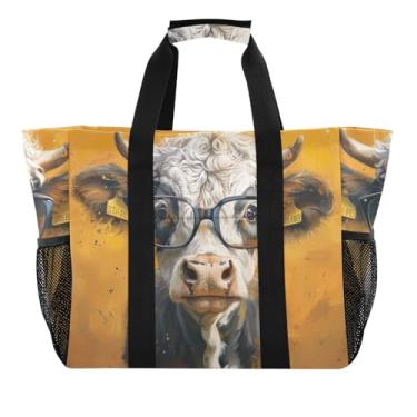 Imagem de ODAWA Bolsa de praia de lona amarela vaca Highland, bolsa de férias para mantimentos, Highland Cow Yellow, One Size