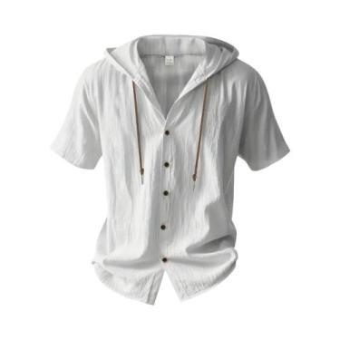 Imagem de Camisa Masculina De Algodão E Linho Com Capuz, Manga Curta, Respirável