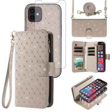 Imagem de Asuwish Capa carteira compatível com iPhone 12 Pro iPhone 12 6.1 com zíper para celular e protetor de tela, alça transversal com glitter, suporte para cartão, capa para celular para iPhone12pro 5G i