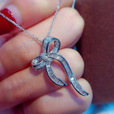 Imagem de Colar luxuoso com pingente de laço moderno e brilhante joia feminina, 40cm 5cm, Metal, Zircônia cúbica