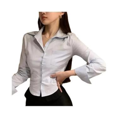 Imagem de Camisa De Chiffon Branca De Manga Longa Com Botão E Lapela Com Bolso P