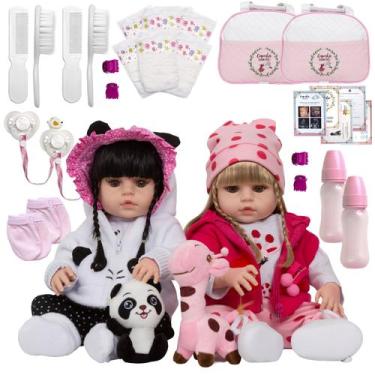 Imagem de Kit Boneca Reborn Realista Gêmeas Menina Girafinha Pandinha - Cegonha 